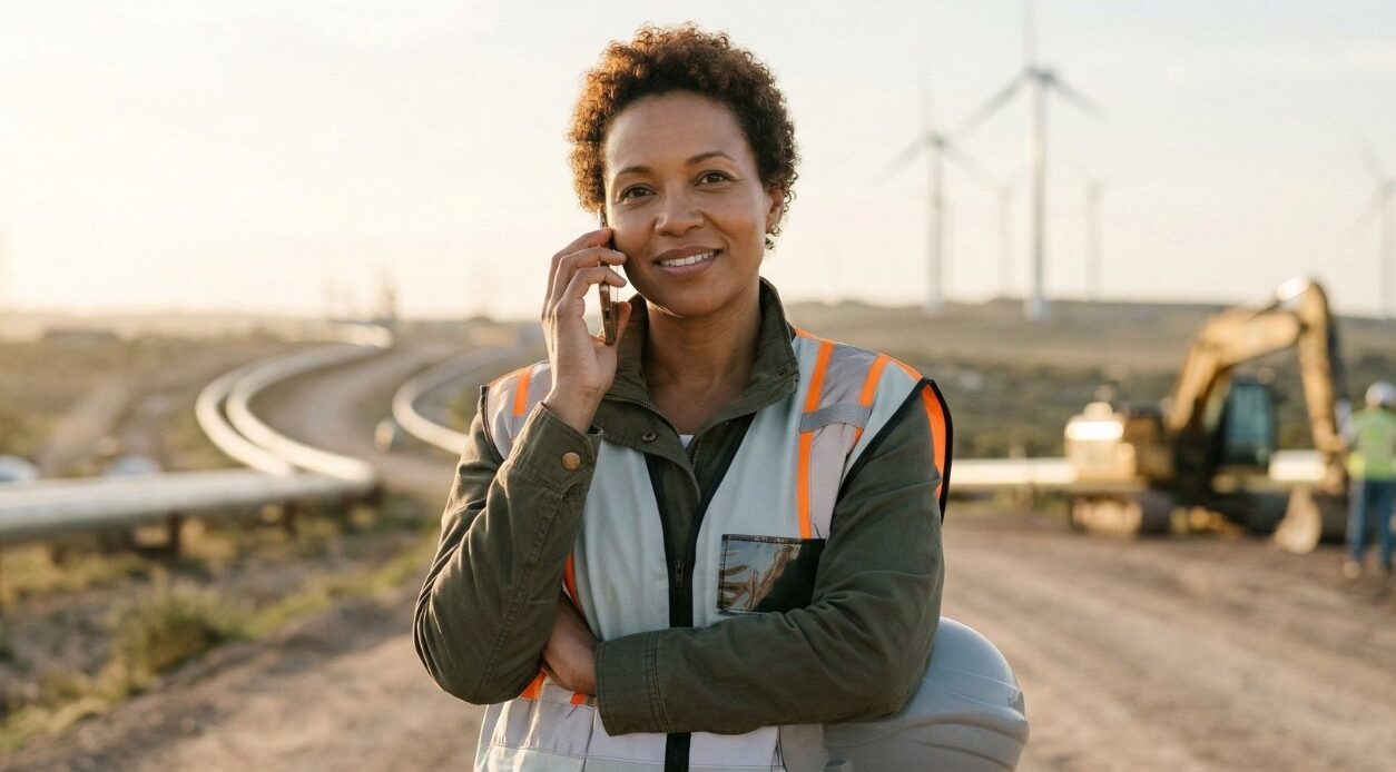 a woman on a phone at a wind farm job site calling someone, holder her safety helmet