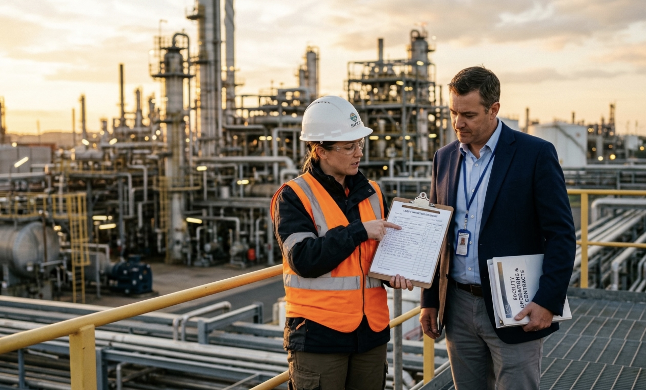 two people speaking baout safety on a construction oil site