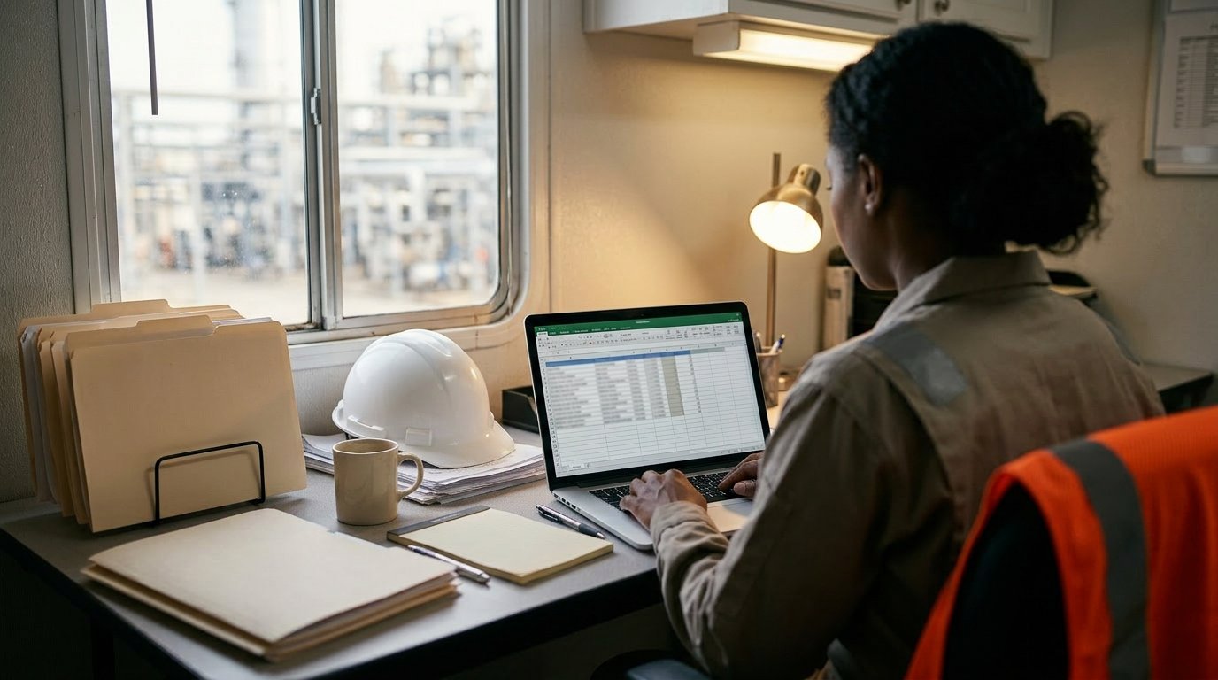 Contractor compliance coordinator working at a laptop in a job site office trailer, managing ISNetworld and Avetta prequalification documentation with file folders, notebook, and hard hat nearby.