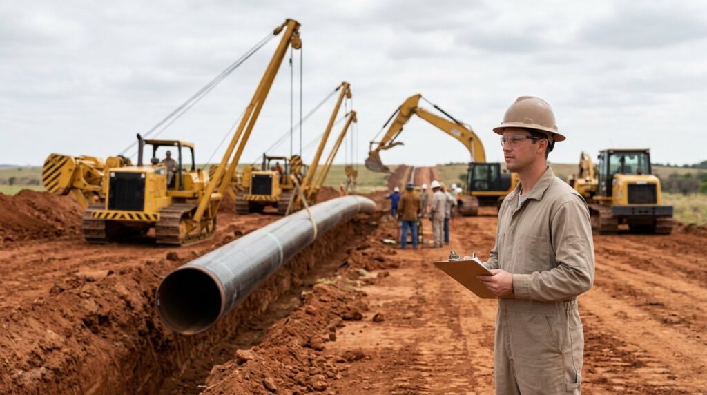 DOT-qualified pipeline safety observer in FR coveralls with clipboard standing alongside an active pipeline construction right-of-way, with sidebooms lowering coated steel pipe into a trench in red-clay terrain.