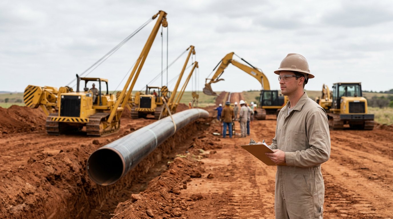 DOT-qualified pipeline safety observer in FR coveralls with clipboard standing alongside an active pipeline construction right-of-way, with sidebooms lowering coated steel pipe into a trench in red-clay terrain.