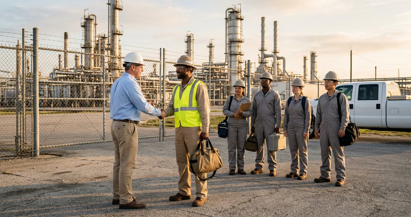 Client project manager shaking hands with an HSE services contractor at a refinery gate at golden hour, with a credentialed multi-discipline safety and medical team standing by with gear bags ready to deploy.