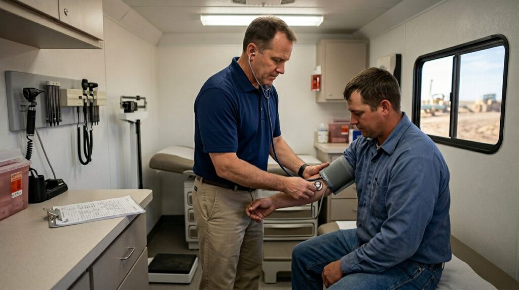 NRCME-certified medical examiner performing a DOT physical on a seated worker inside a mobile medical unit trailer at a remote pipeline project site, taking blood pressure with a manual cuff and stethoscope.