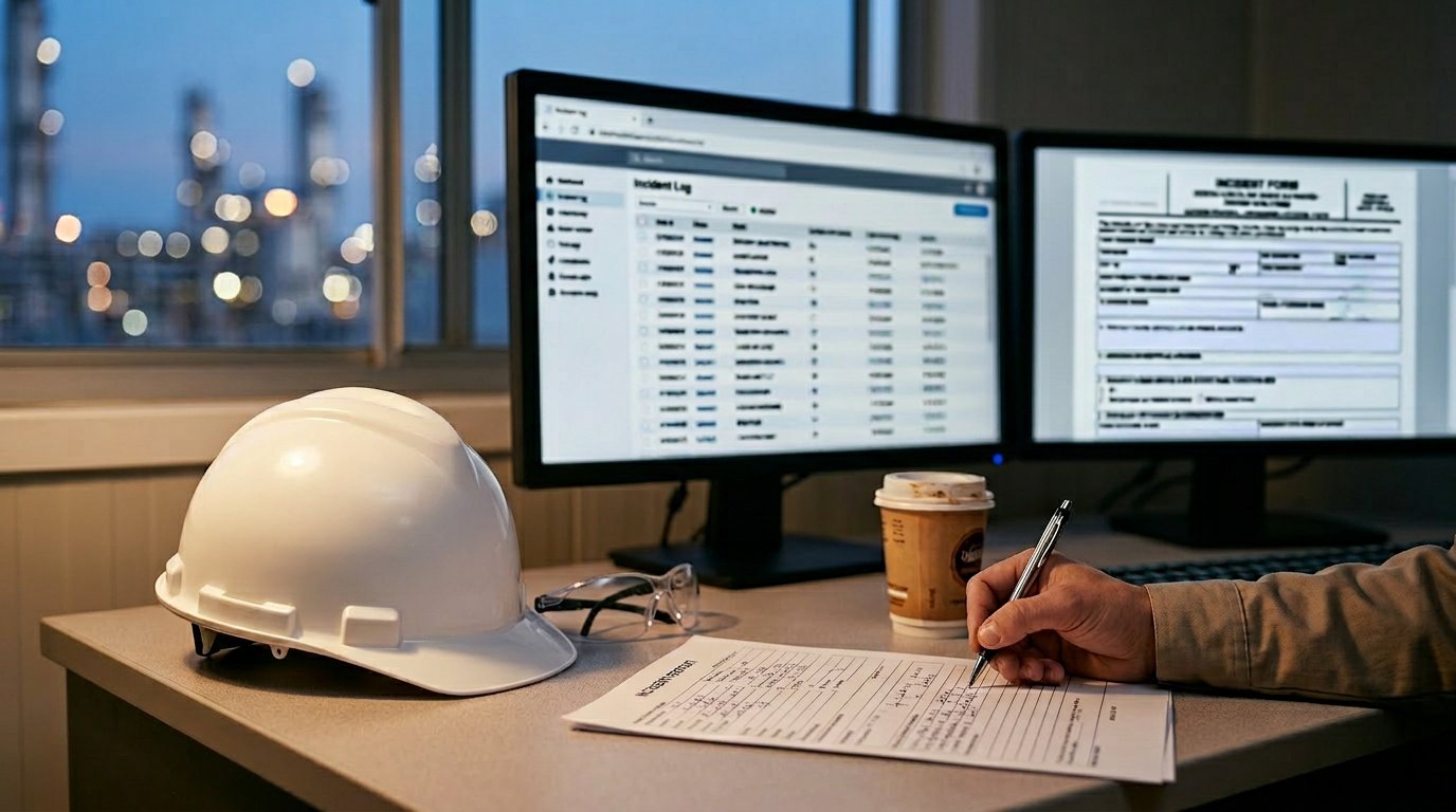 HSE manager completing OSHA incident recordkeeping at a dual-monitor workstation in a job site office, with an industrial facility visible through the window at dusk, hard hat and safety glasses resting on the desk.