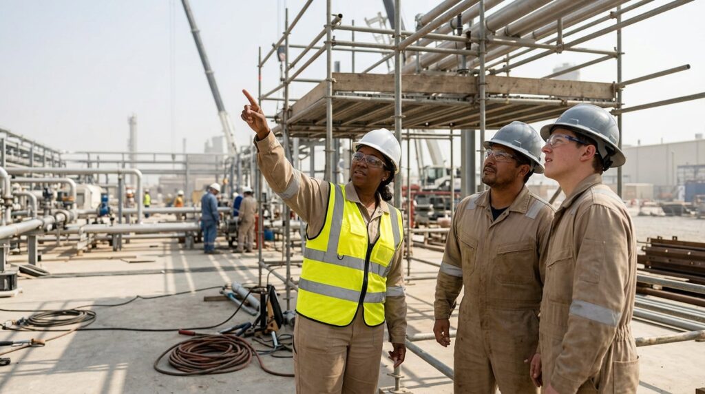 HSE advisor in high-visibility vest conducting a job hazard analysis with two craft workers at a petrochemical construction site, pointing out an overhead hazard near scaffolding during active work.