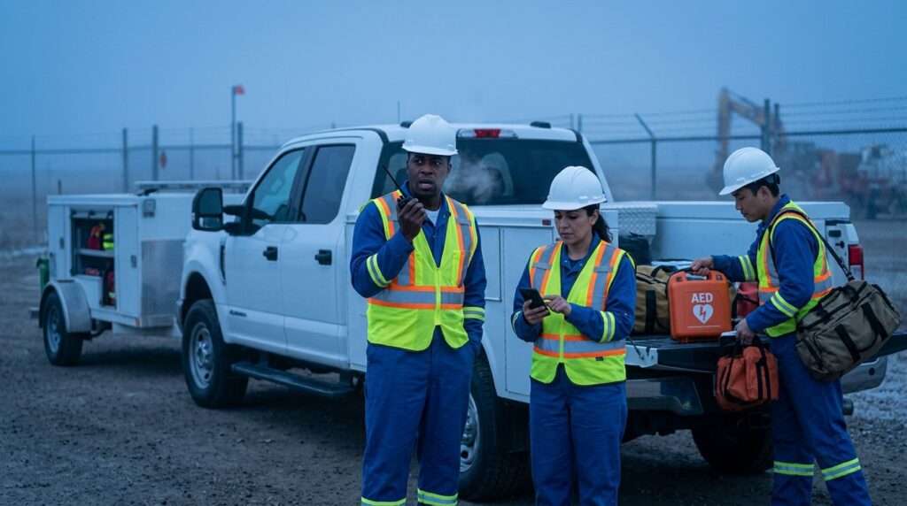 Rapid-response HSE team of three professionals in FR coveralls and high-visibility vests at a remote wellsite gate at dawn, unloading an AED, medical gear, and safety equipment from a crew-cab pickup truck and medical unit trailer.