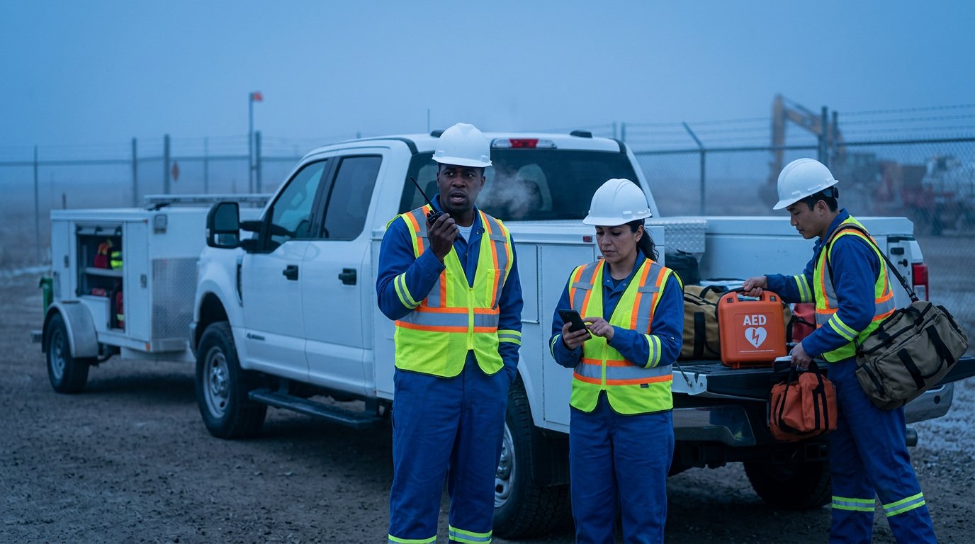 Rapid-response HSE team of three professionals in FR coveralls and high-visibility vests at a remote wellsite gate at dawn, unloading an AED, medical gear, and safety equipment from a crew-cab pickup truck and medical unit trailer.